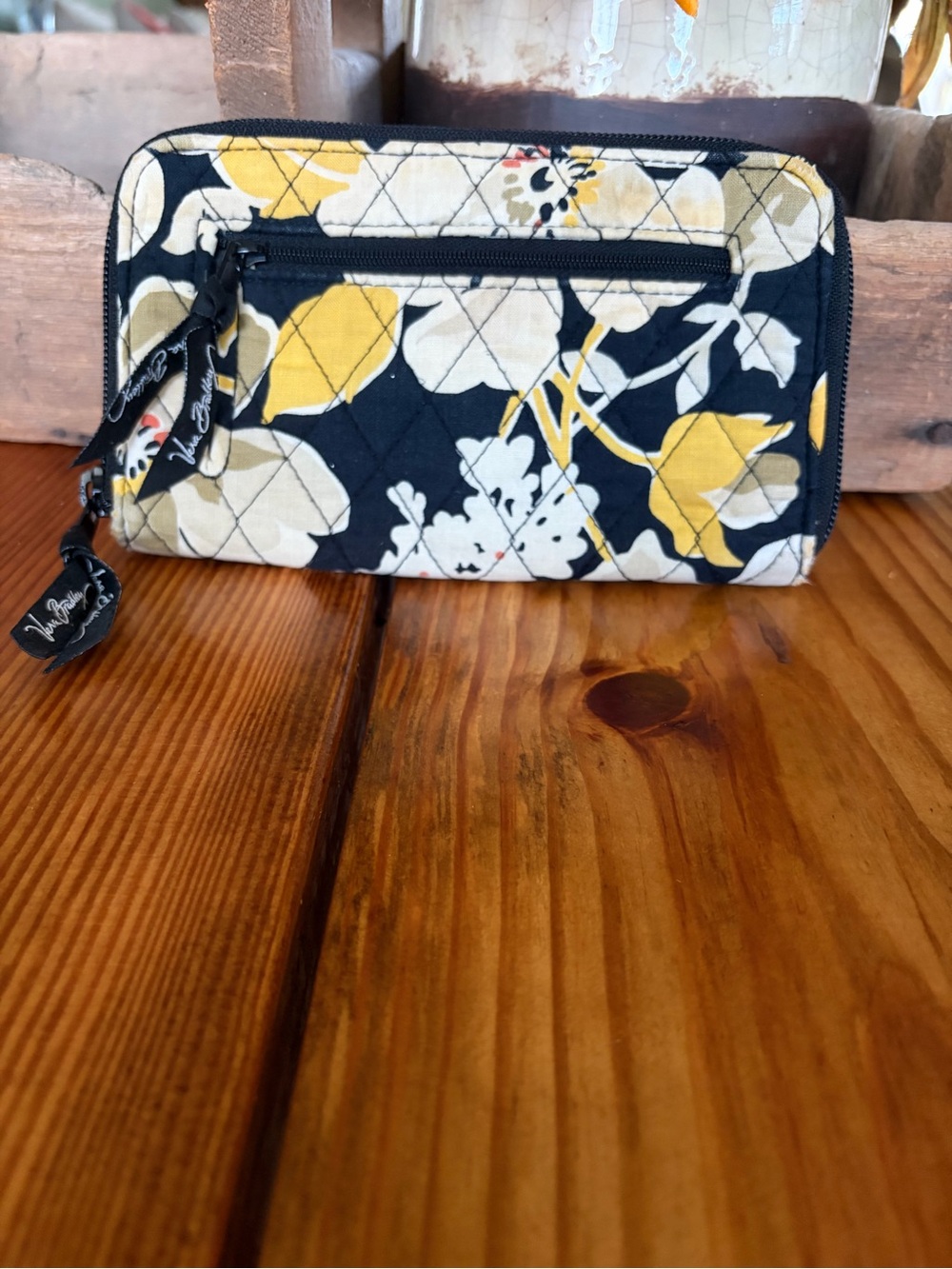 Vera Bradley Dogwood Pattern Black and Yellow Floral Quilted Zip Around Wallet